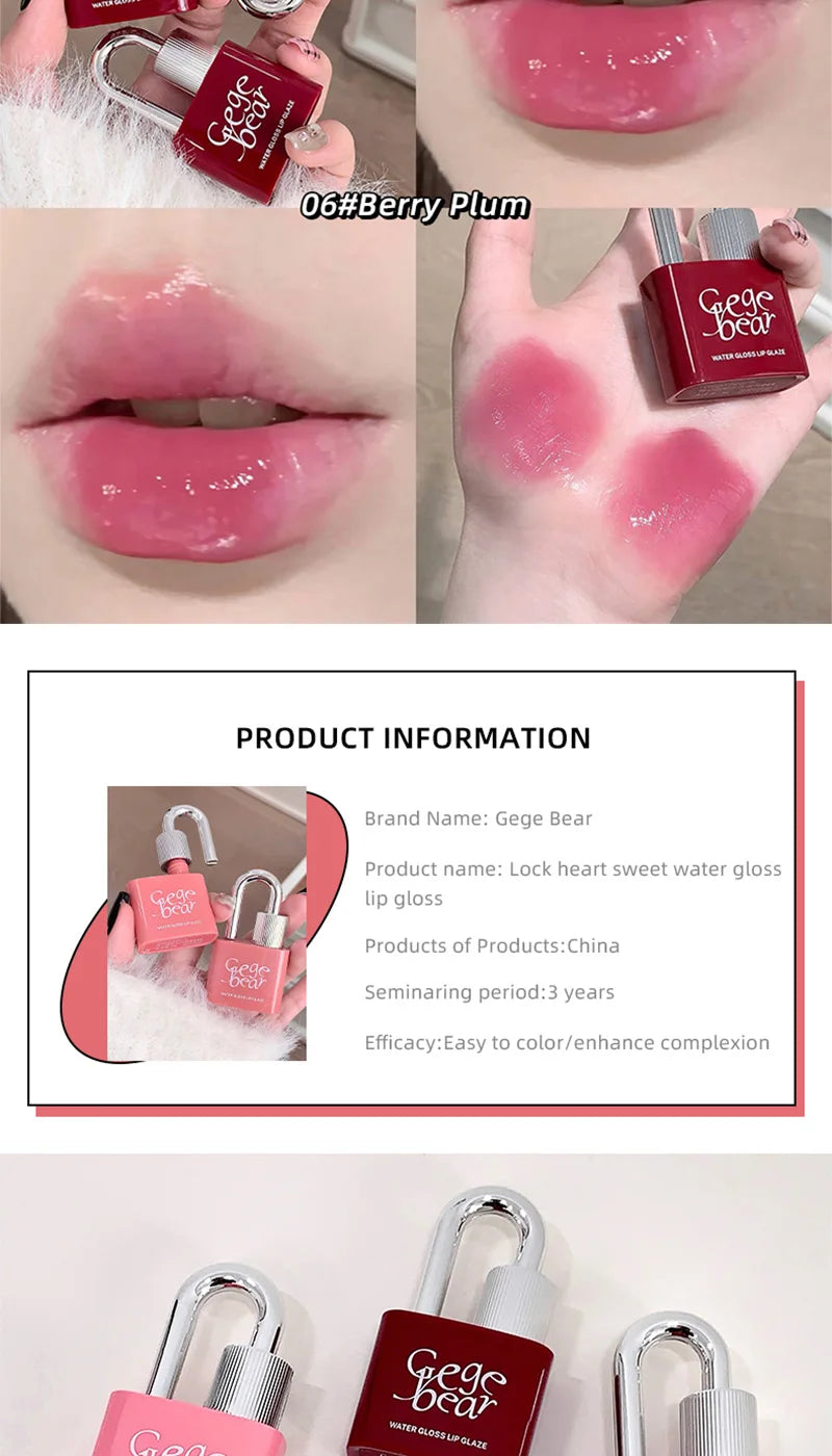 Gege Bear Lockheart Sweet Color Water-Gloss Lip Gloss-Vibrant Colors, Easy to Apply with Non-Long-Lasting Hydration