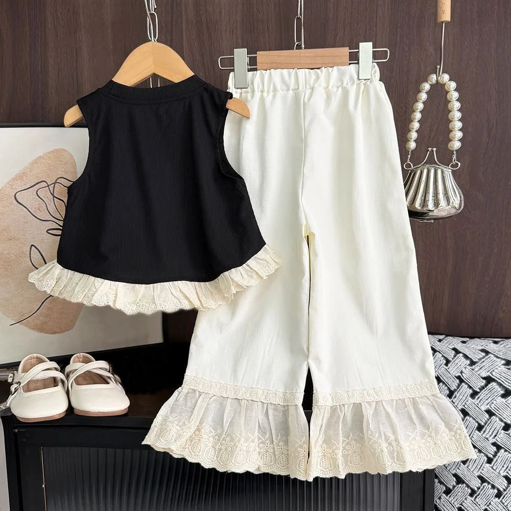 Baby Summer Clothes ,Children's Clothing Set Bow Black Sleeveless Vest Top+Pants Two-Piece Outfit Suits Casual Girls Clothes