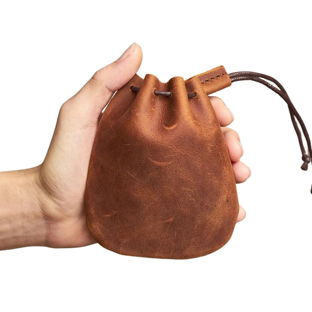 Genuine Leather Coin Purse Men Women Vintage Small Coin Wallet Hard Leather Money Pocket Drawstring Storage Bag