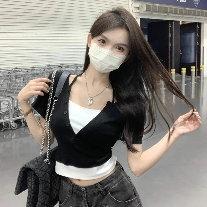 Summer Women Sexy Club Bodycon Tops Lady Hanging Neck Crop Short Sleeved T-shirts Female Fashion Comfortable Black Gray Clothes