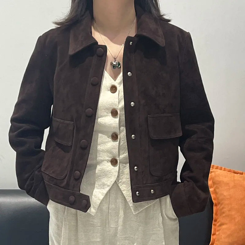 Winter Woman Clothing Old Money Style Retro Chocolate Brown Kid Suede Genuine Leather Jacket Streetwear Collar Slim Short Coat