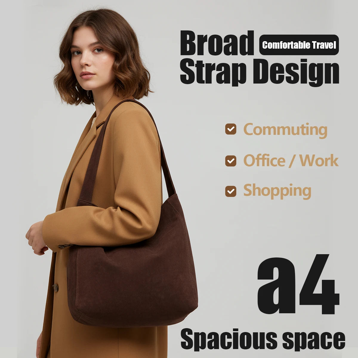 Custom Logo Tote Bag for Women, Large Capacity, Vintage Commuter Vacation Travel Bag, Single Shoulder Handbag, Suede DIY