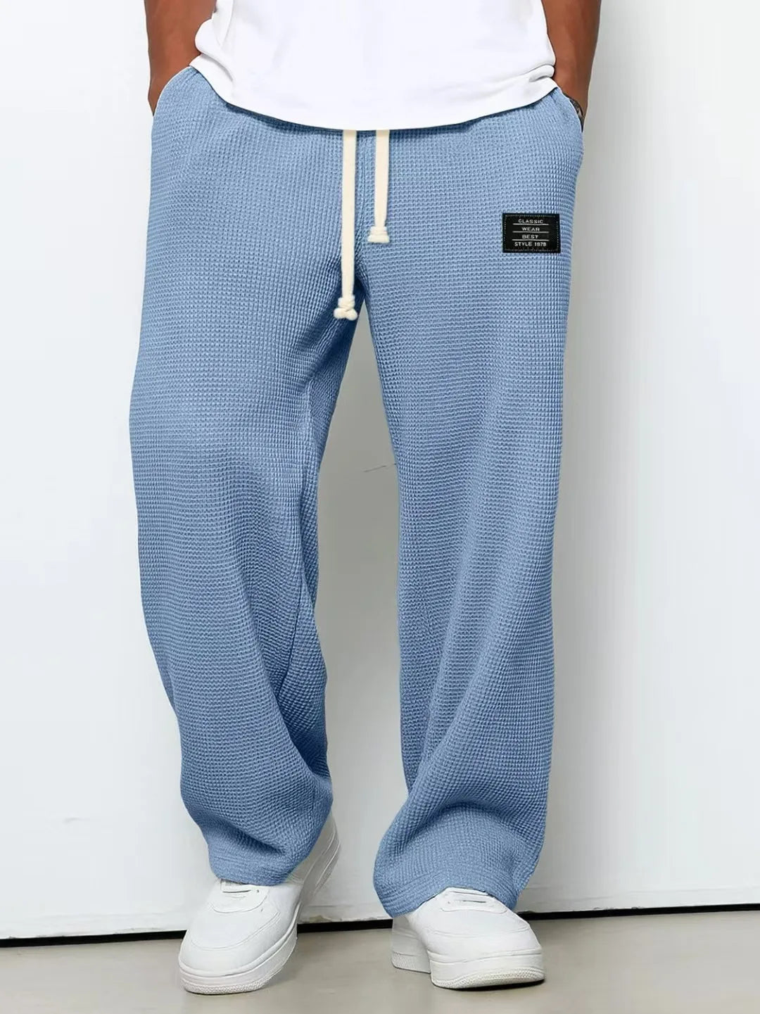 Men's spring-autumn trendy brand loose-fitting stretchy straight-leg sweatpants. Waffle fabric. Micro-bouncy sporty casual pants