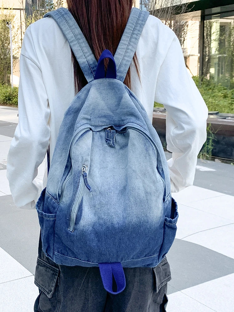 Men's and Women's Backpacks, Student School Bags, Large-Capacity Washed Denim Bags