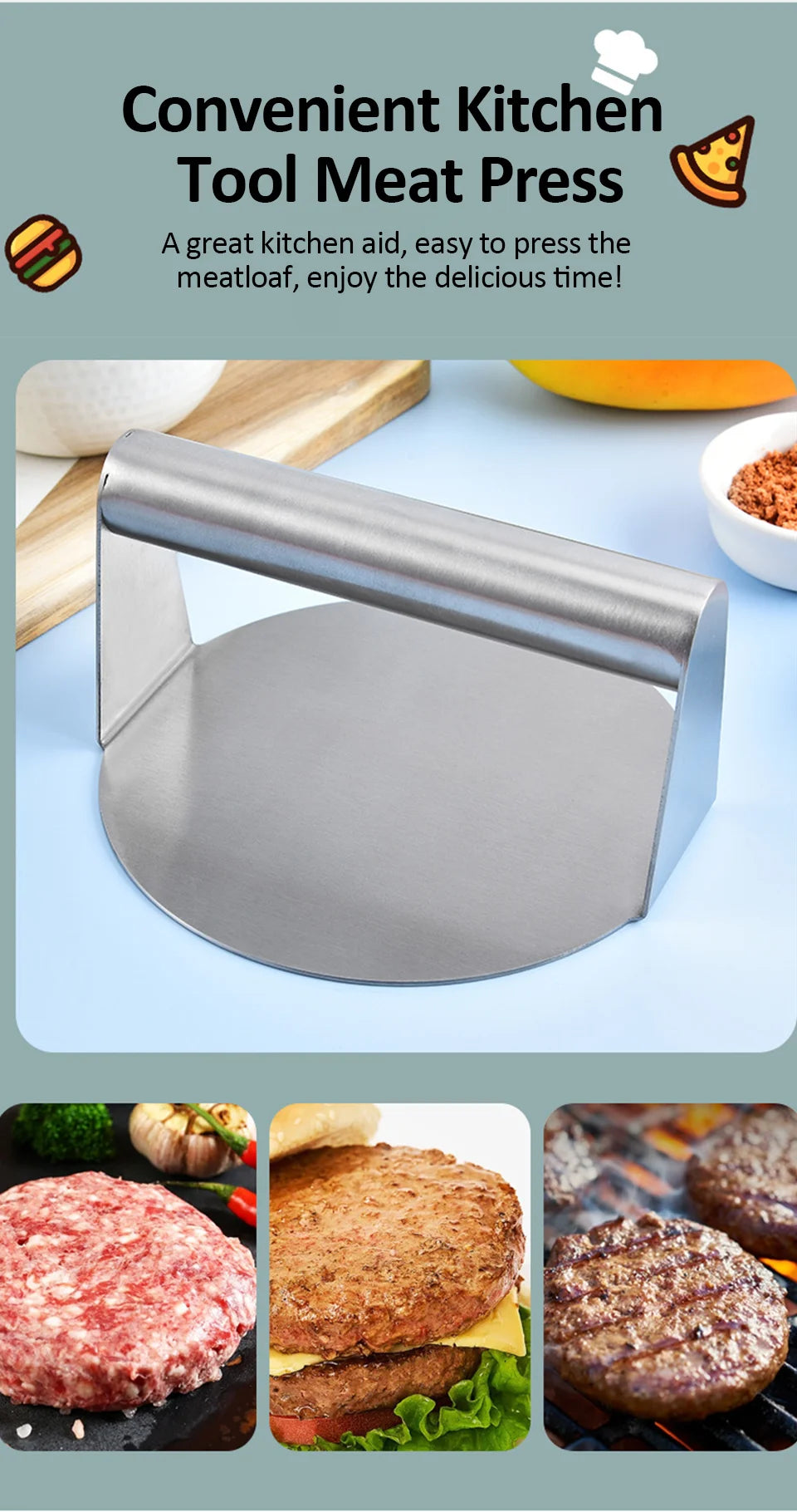 Stainless Steel Round Smash Burger Press Hamburger Patties Meat Press Mold for Deli Beef Press Plate Masher Kitchen Accessories