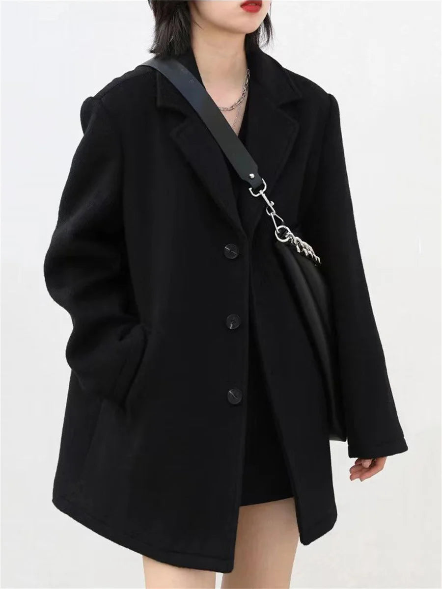 Korean Warm Mid Length Woolen Suit Coat Thick V Neck Women New Loose Parkas Winter Single Breasted Wool Blend Jackets Casaco