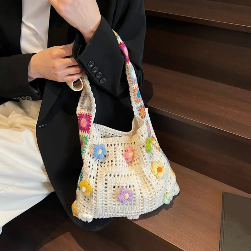 Fashion Large Capacity Women Shoulder Bag Floral Crochet Vintage Handbag Boho Hollow Out Knitted Crossbody Bags