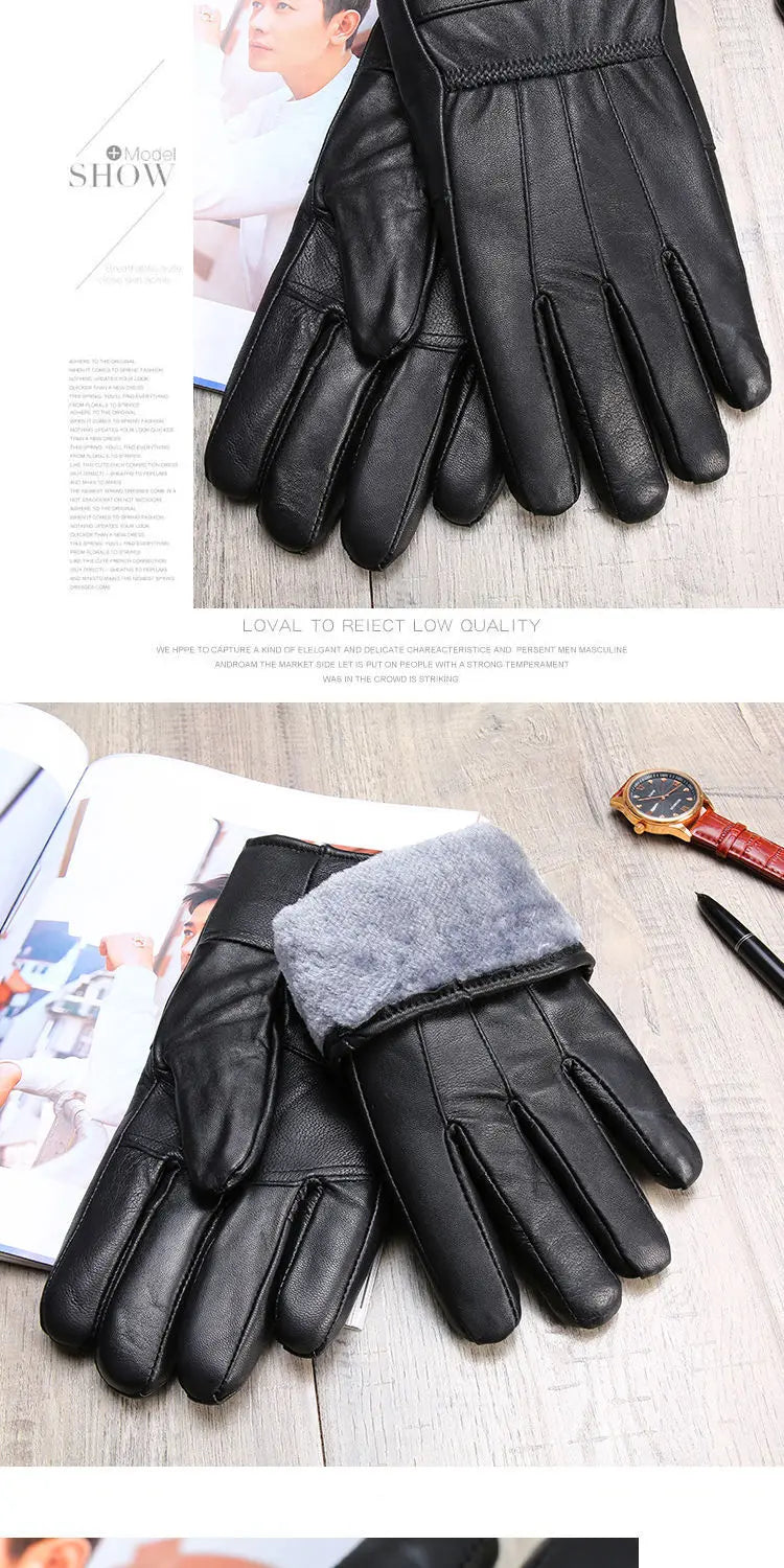 Genuine Leather Gloves (Men/Women): Fleece-Lined Warm, Thin/Thick Cotton, For Motorcycle Riding, Autumn/Winter,  Drop-Shipping