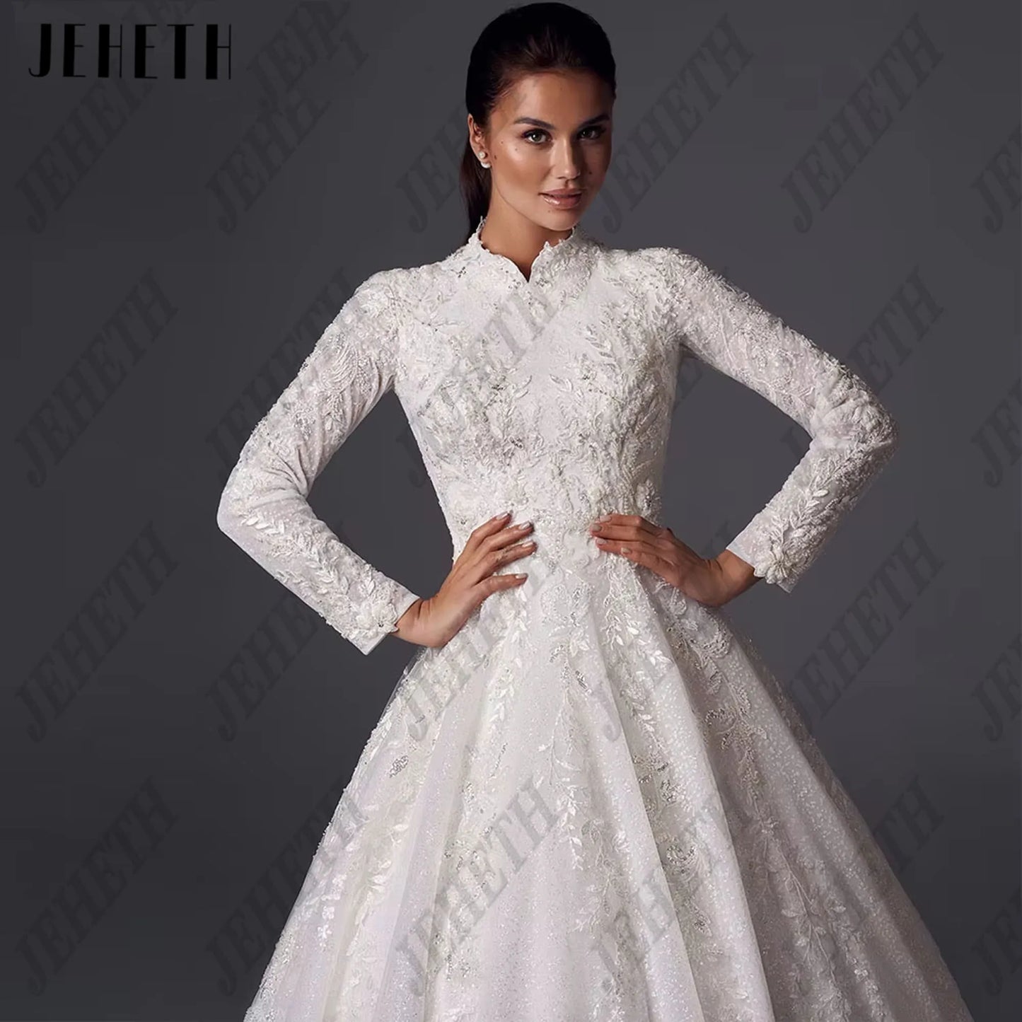 JEHETH Muslim A-line Wedding Dress Satin Wedding Dress High Neck Wrinkle Stickers Full Set Wedding Dress  Simple 2025 Customized