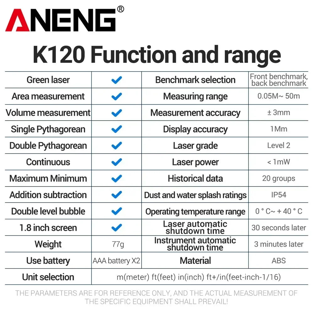 Laser Rangefinders ANENG K120 Distance Meter Laser Tape Measure 50M 70M 100M 120M Electronic Ruler Useful Measurement Test tools