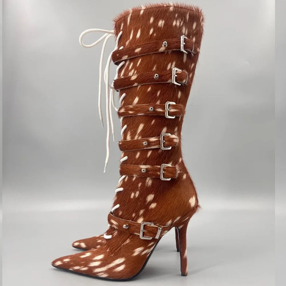 Horsehair Metal Rivet Buckle Betl Long Boots Thick Heel Sexy Pointed Toe Zipper New Arrivals Fashion Women Modern Boots
