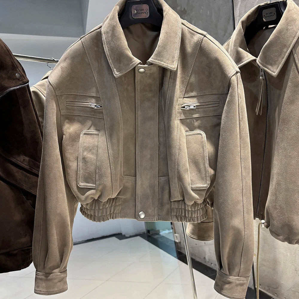 YOLOAgain 2025 Autumn Oversized Suede Jacket Women Real Leather Bomber Jacket Female