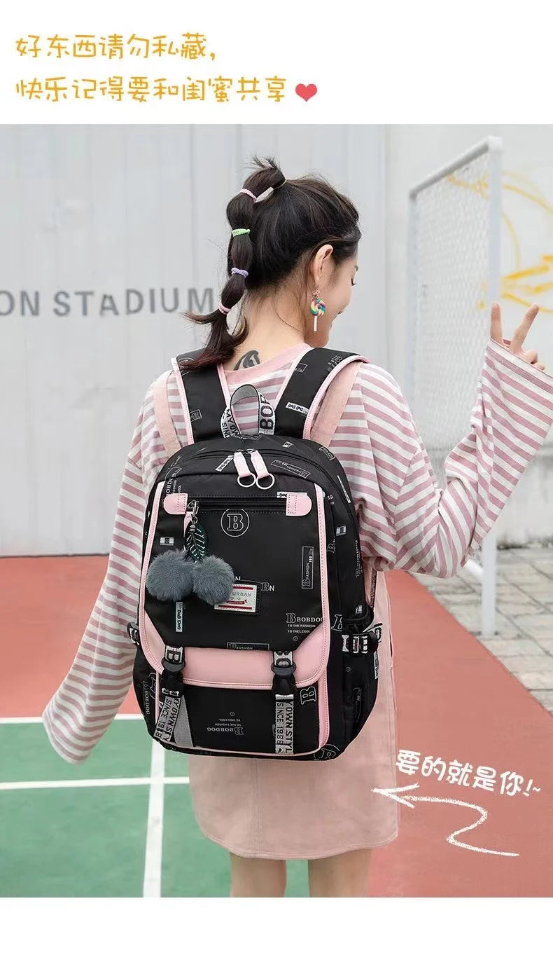Large School Bags for Teenage Girls Canvas Schoolbag Student Book Bag Fashion Black Pink Teen School Backpack