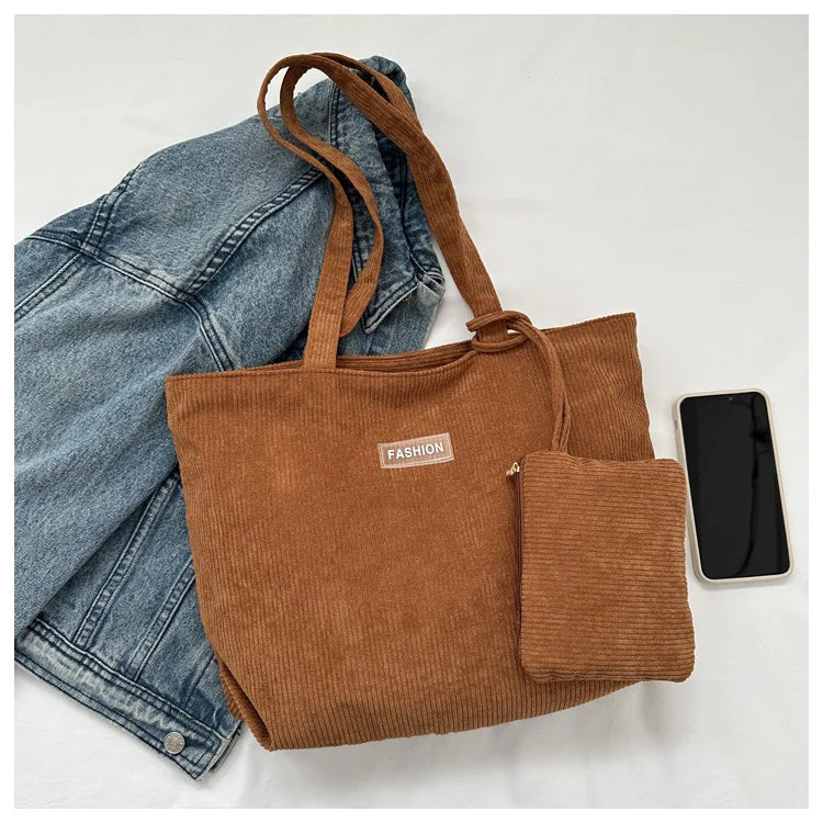 Ladies' handbag, corduroy ladies' shoulder bag, daily commuting tote bag, shoulder bag with small bag