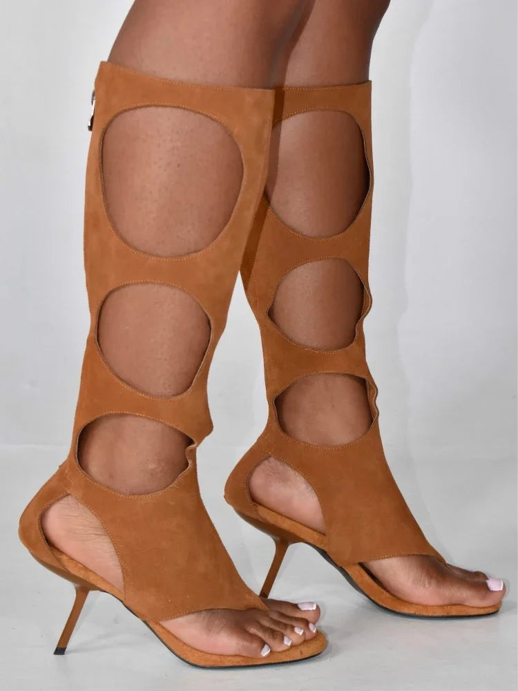 2025Women's SummerLeather Stiletto High Heels Hollow Knee Cool Boots European and American Horse Hair Fashion Show Shoes