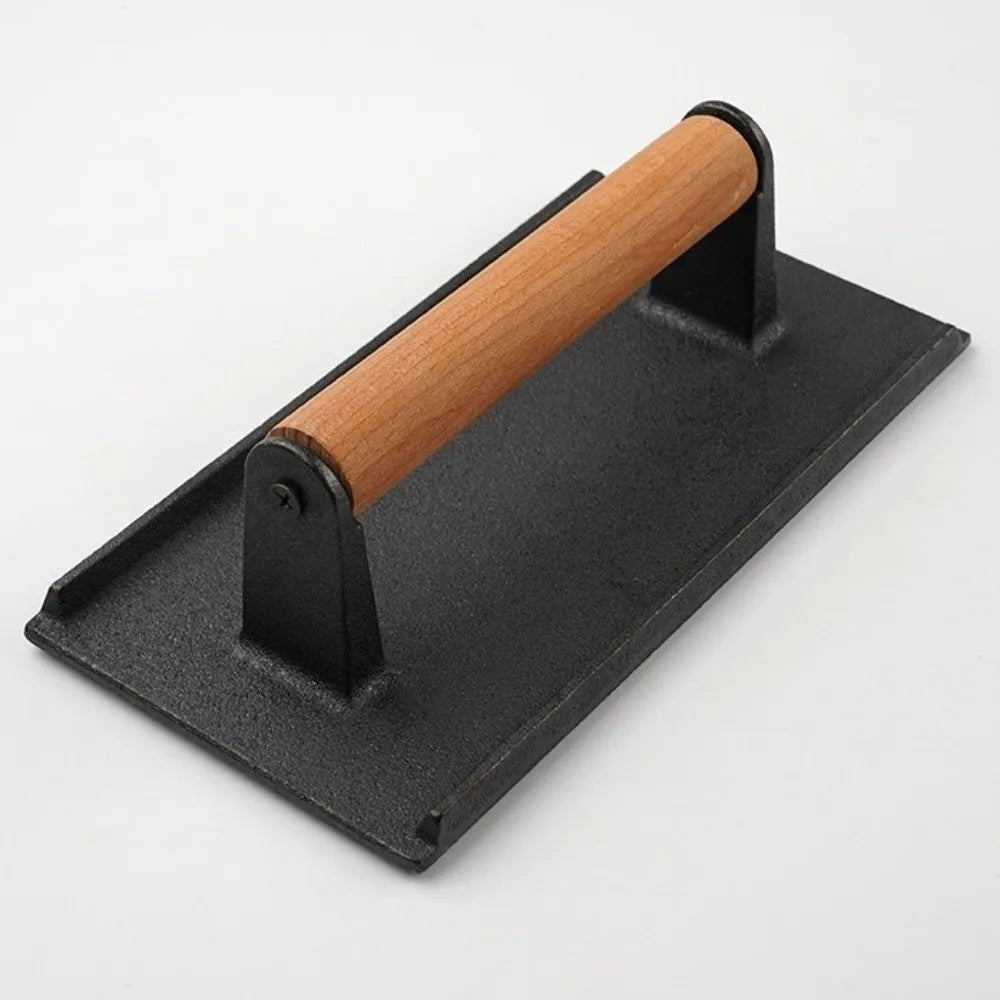 Cast Iron Meat Press Board Heavy-Duty Flat Top Steak Burger Press Wooden Handle Round Rectangular Grill Hamburger Grinder