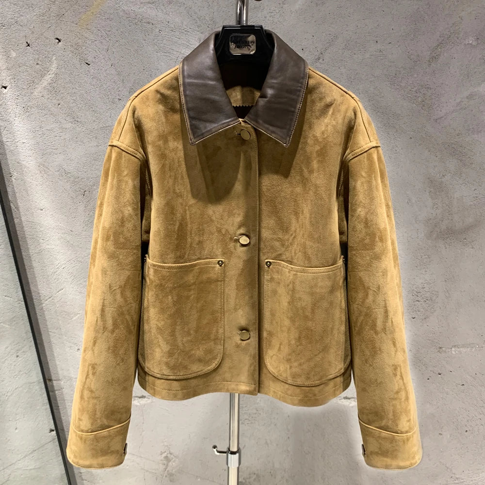 Suede Leather Blouson Women Winter Genuine Sheep Leather Coat Luxury Autumn Suede Blouse Lin24