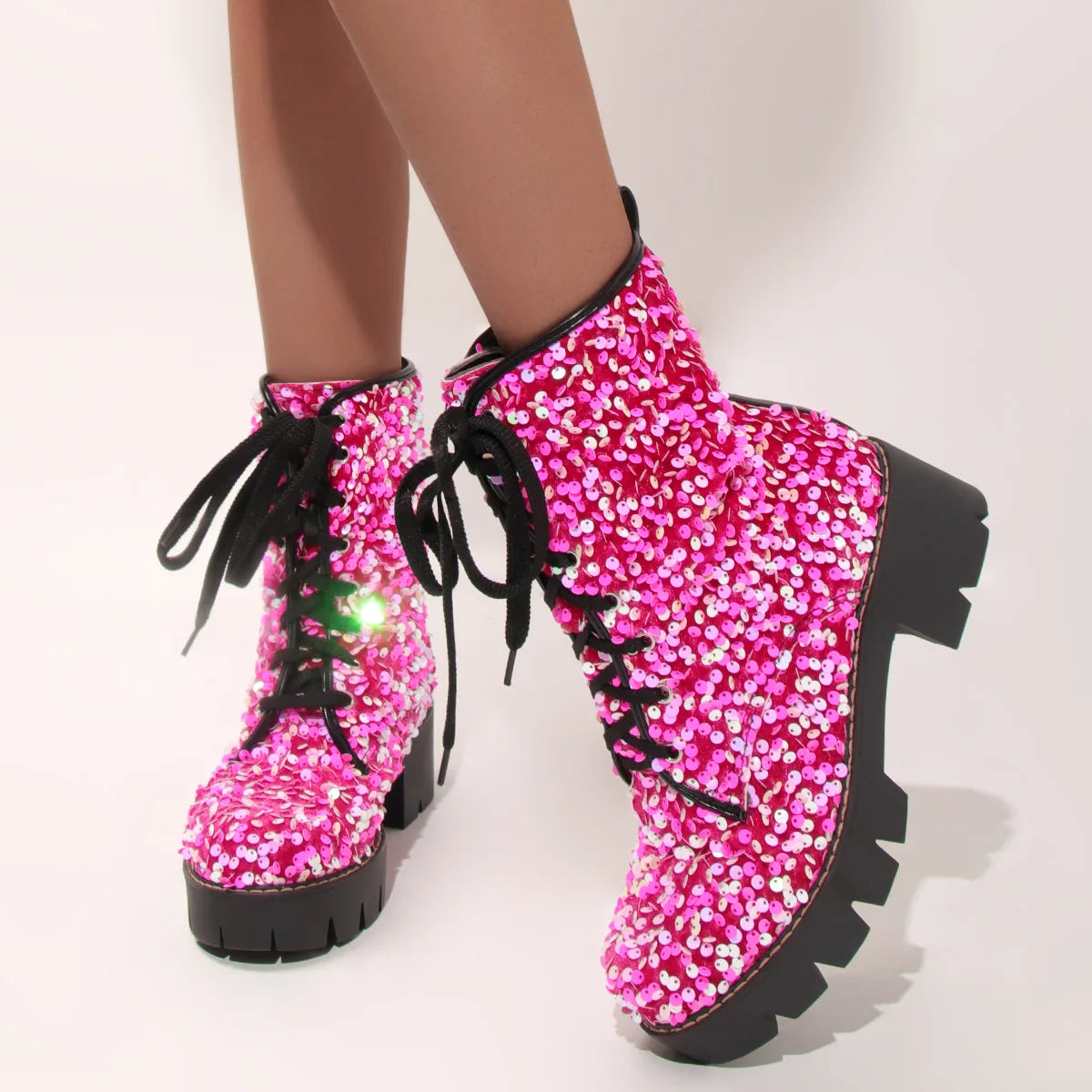 2025 New Fashion Women Shoes Front Lace Up Sequin Short Boots Coarse Heel Stage Show Ankle Boots Ladies Party Casual Short Boots
