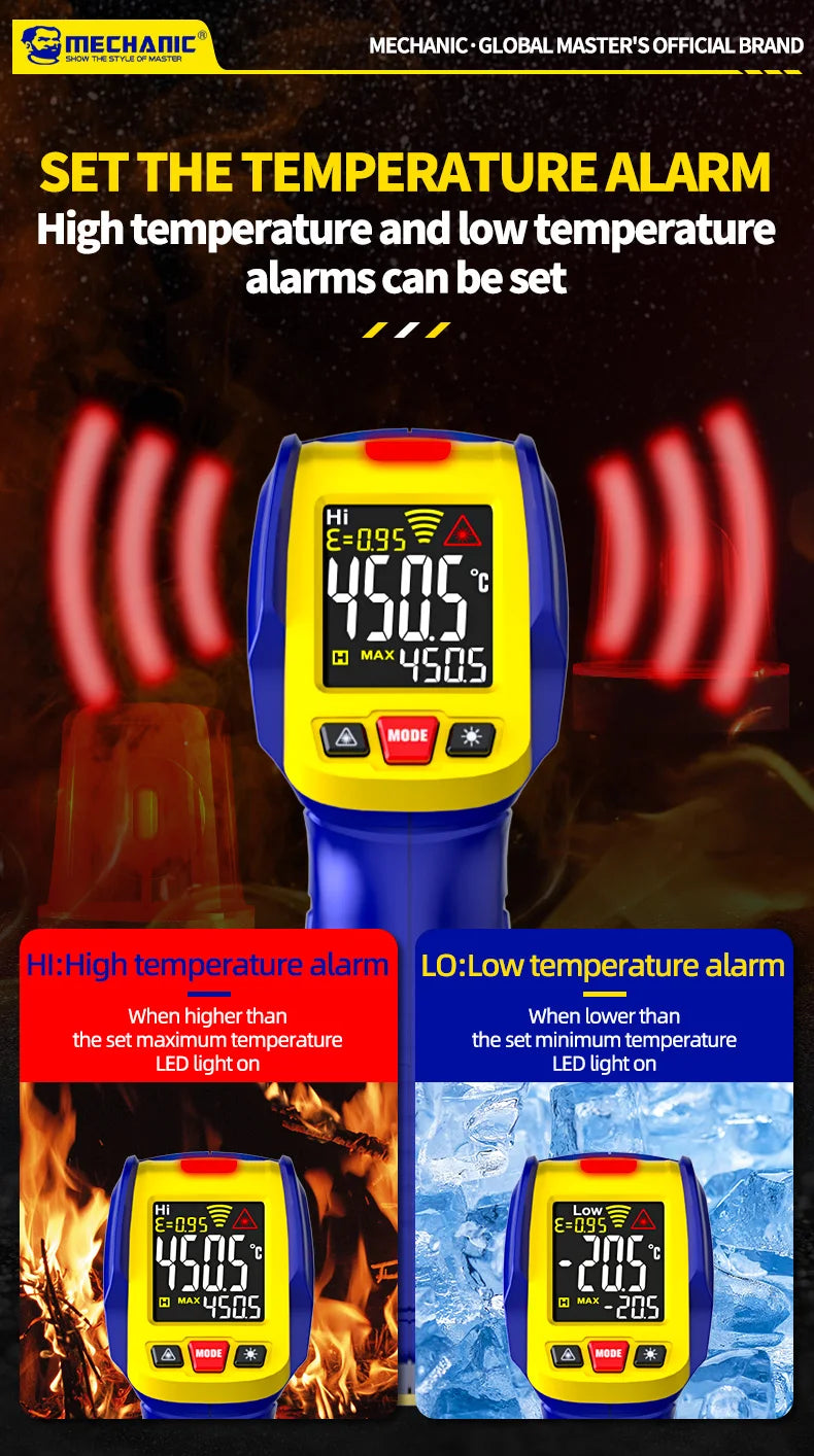 MECHANIC Industrial Thermometer Non-Contact High-Precision -50°C~580°C 13-Point Laser Targeting LCD Digital Temperature Meter