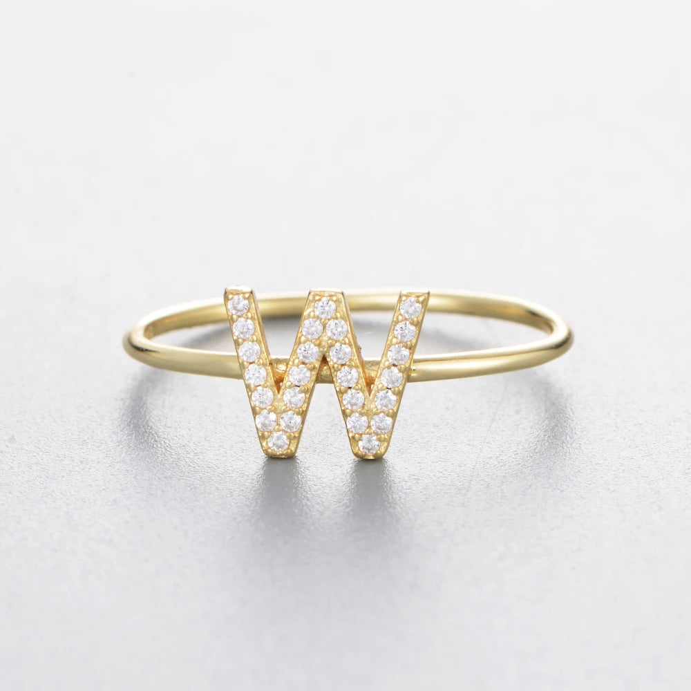 925 Sterling Jewelry A-Z 26 Letters Name Initial Rings Gold Plated Silver Fashion Simple S925 Ring Zircon Round Brilliant Cut