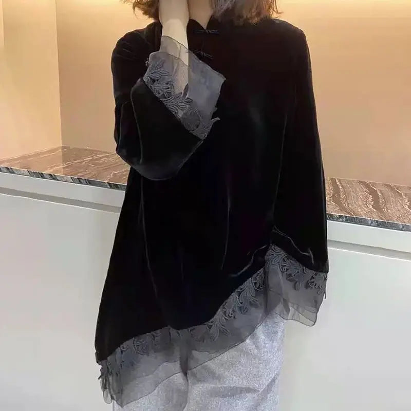 Retro Black Velvet Qipao Top New Chinese Style Stand Up Collar Button Down Bottom Shirt for Women