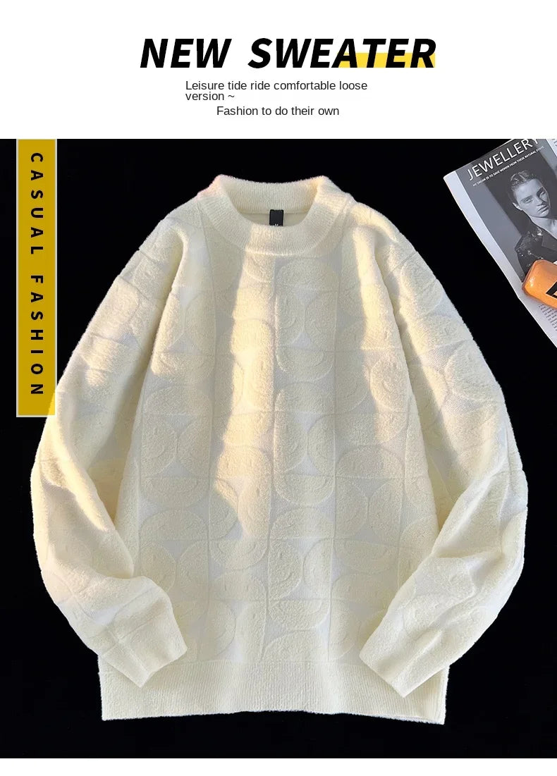 Wool Solid Sweater Long Sleeve Round Neck Fashion Knitted Pullover Coat Autumn Sweatshirt Warm Casual Men Thick New Jacket Tops