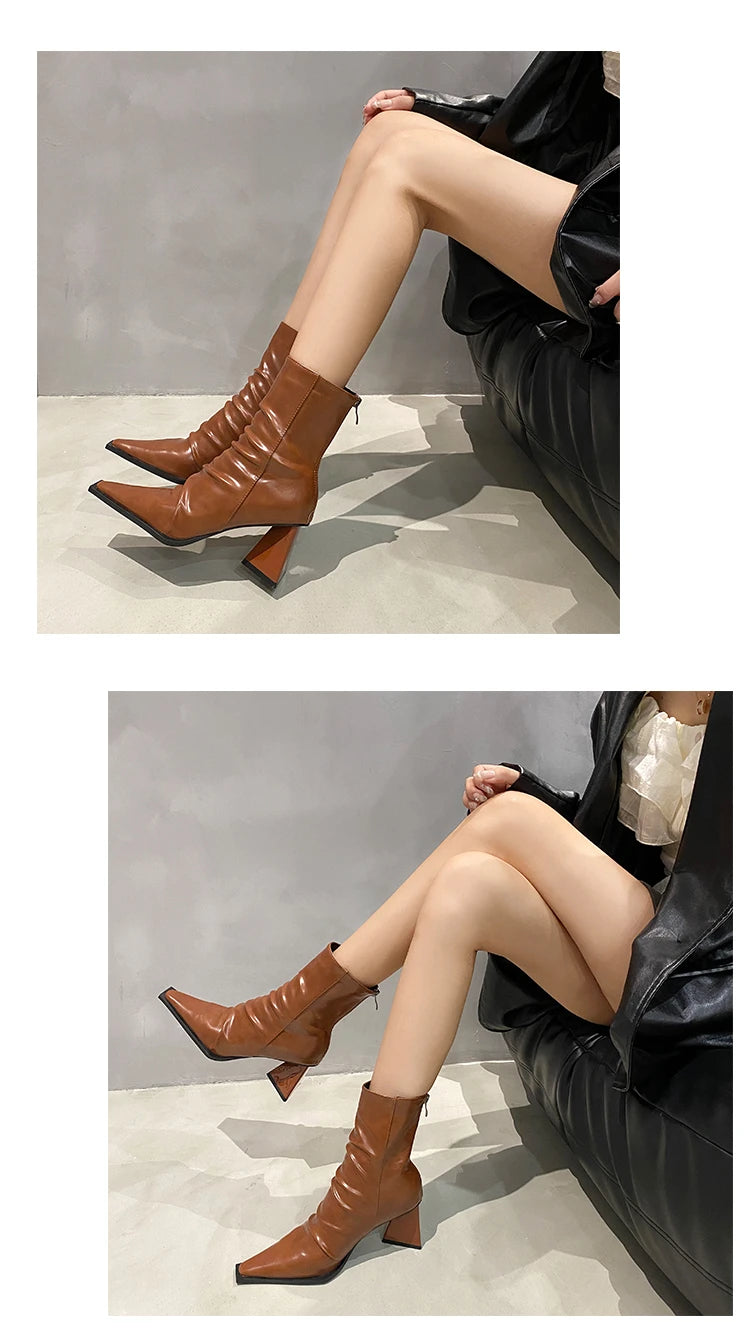 Horse Boots Female Ins Pointed Pink Skinny Boots 2023 Winter New Patent Leather Thick with Fashion High Heel Short Boots