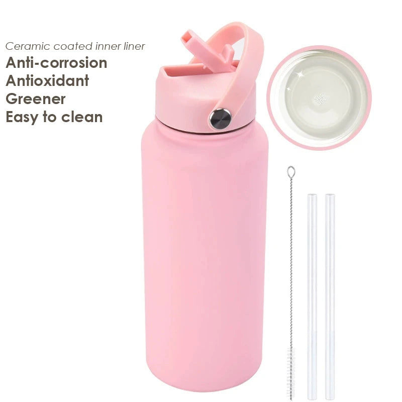 1000ML Water Bottle With Straw Lid Vacuum Insulated FlaskThermos Tumbler Ceramic Anti-Corrosion Coating Custom Gifts
