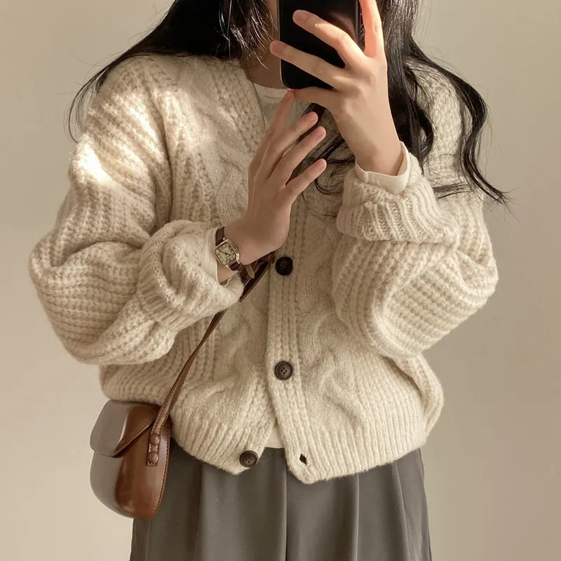 Fashion Knitted Cardigan Women V-nek Loose Sweater Casual Winter Warm Long Sleeve Coats Autumn Elegant Solid Color Knitted Tops