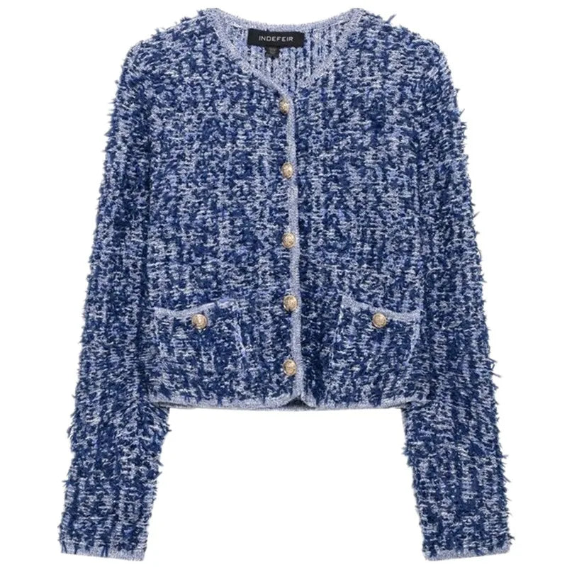 Spring 2025 Women's Faionable Knitted Long Sve round Ne Interwoven Outerwear Versatile Straight Cut Length Regular