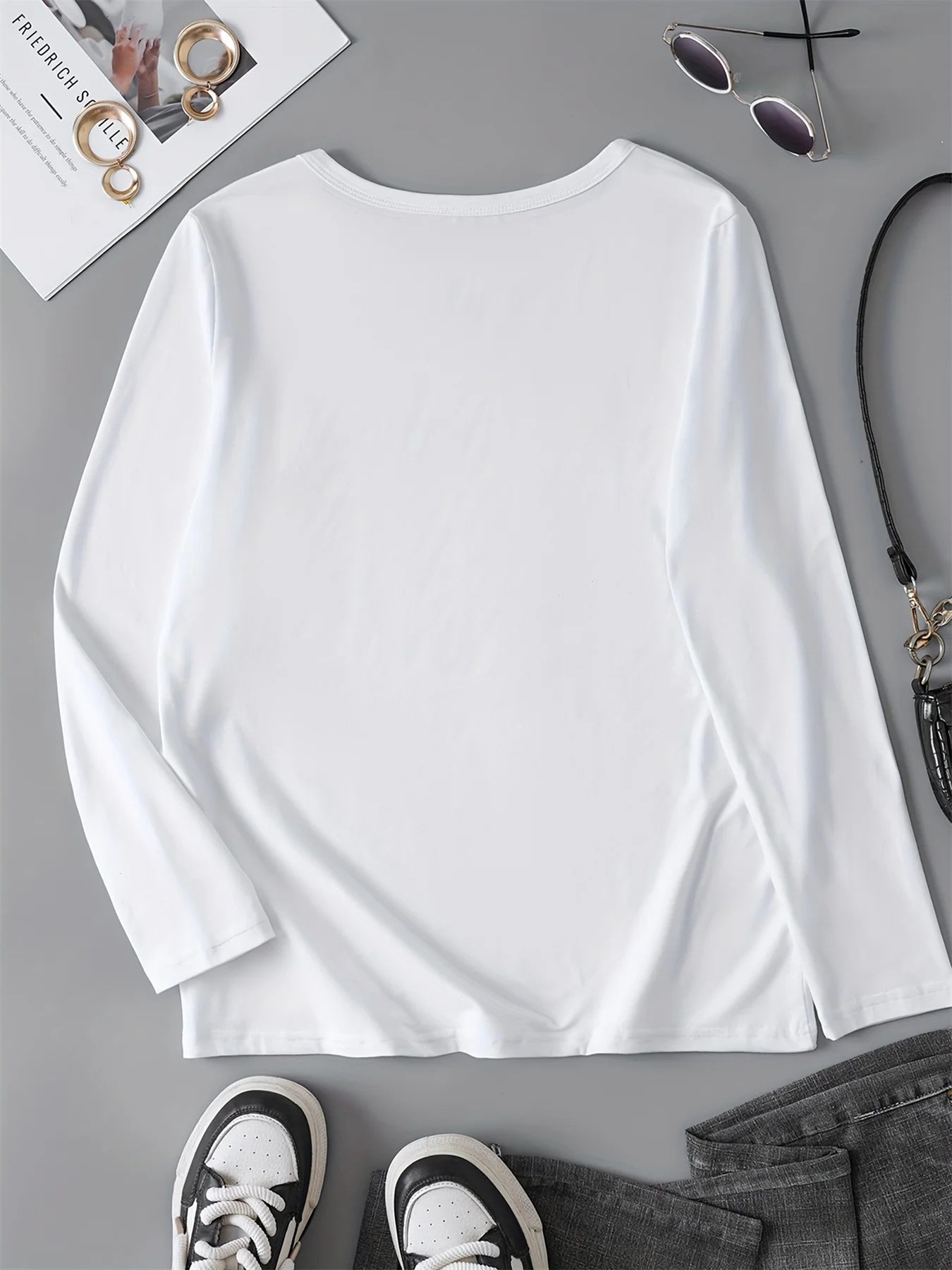 100% pure cotton women's spring and autumn casual long sleeved shirt with heart gesture graphic print round neck T-shirt