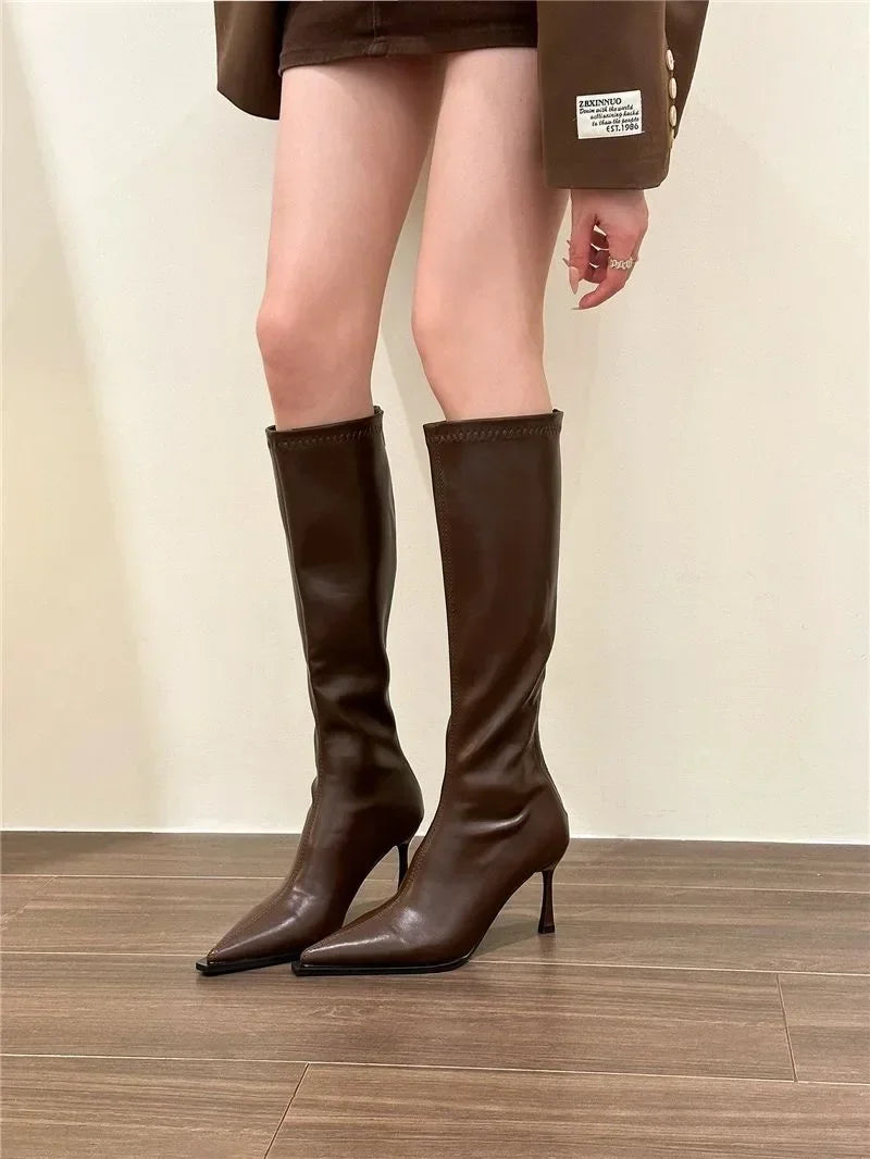 2025 New Women's High Heels Pointed Knee-length Female Boots Comfortable Stiletto Heel Soft Leather Women Shoes Zapatos De Mujer