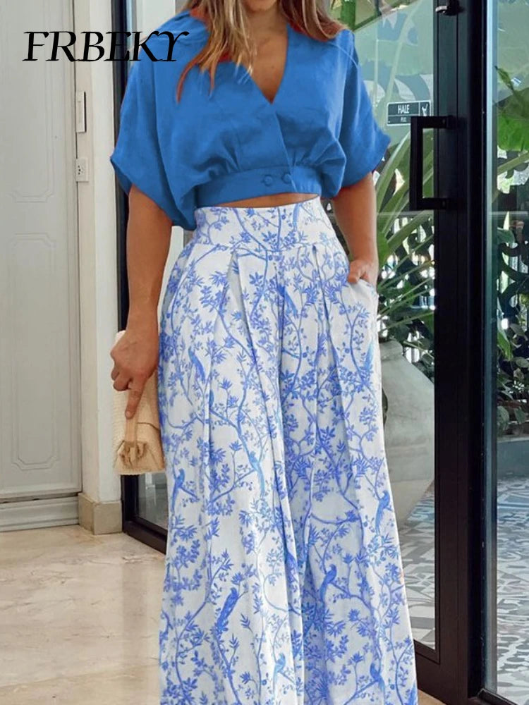 Pant Sets Summer New Bat Sleeve Print Shirt & Wide Leg Pants Two Piece Set for Women Fashion Women's Suit Chic and Elegant Set