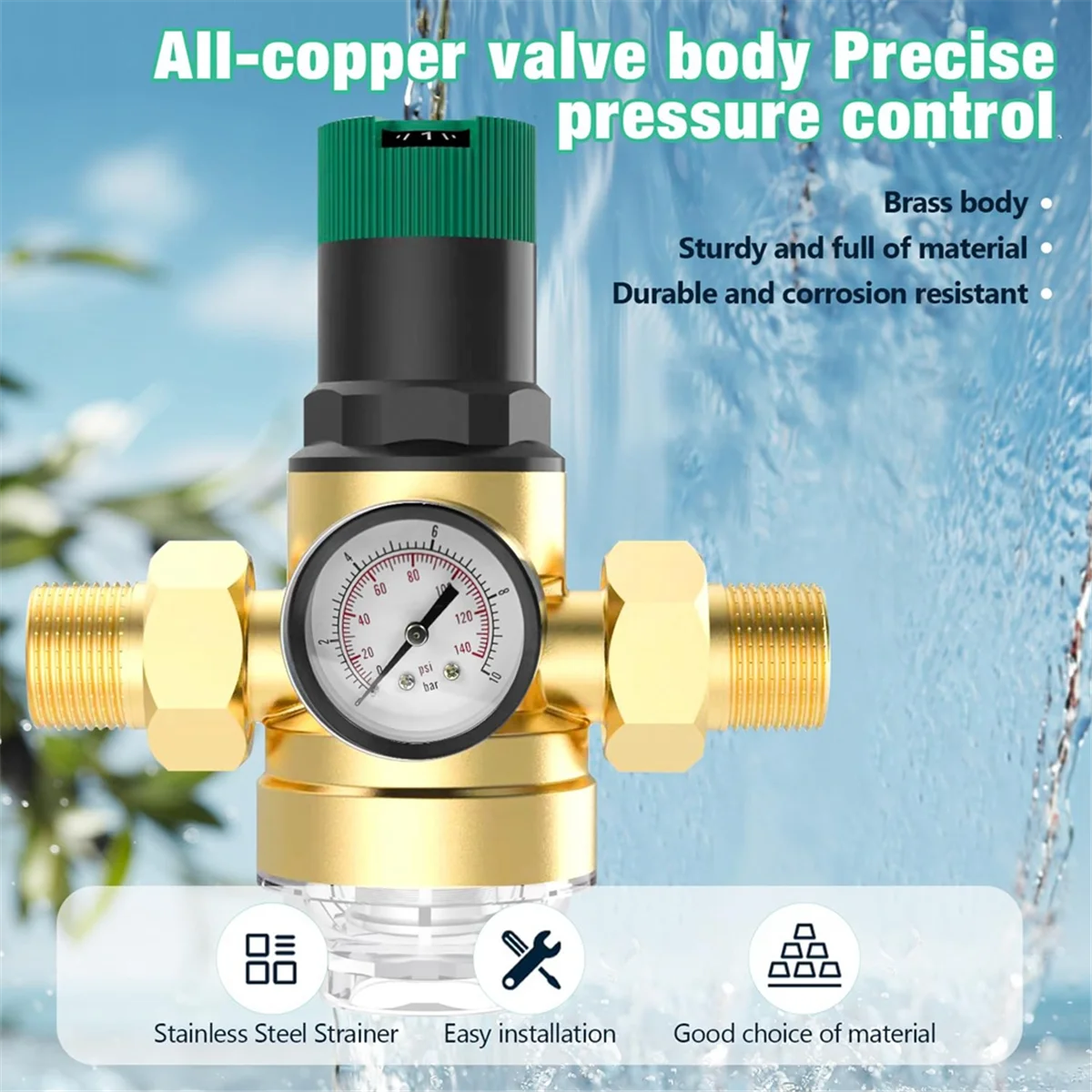 New Pressure Regulator Water 3/4 Inch, Water Pressure Regulator with Water Pressure Gauge and Mesh Filter