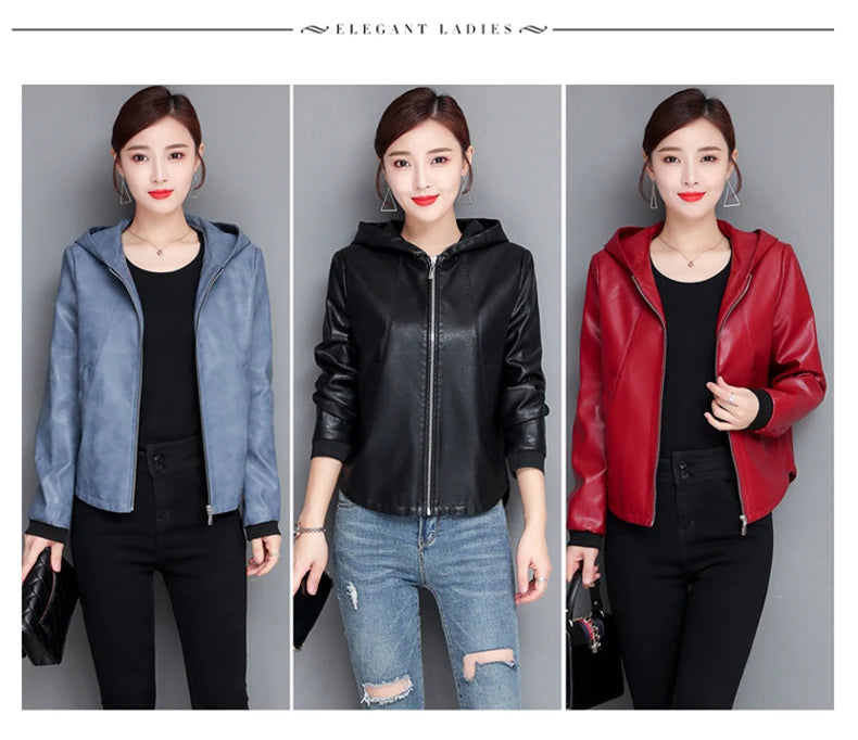 New Women Casual Leather Jacket Spring Autumn Fashion Hooded Zipper Split Leather Loose Outerwear Short Sheepskin Tops Coat