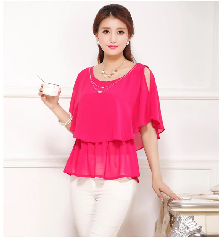 2025 Women Summer Tops Blouse Fashion Elegant Ruffle Batwing Sleeves Chiffon Shirt Loose Casual Clothing blusas mujer de moda