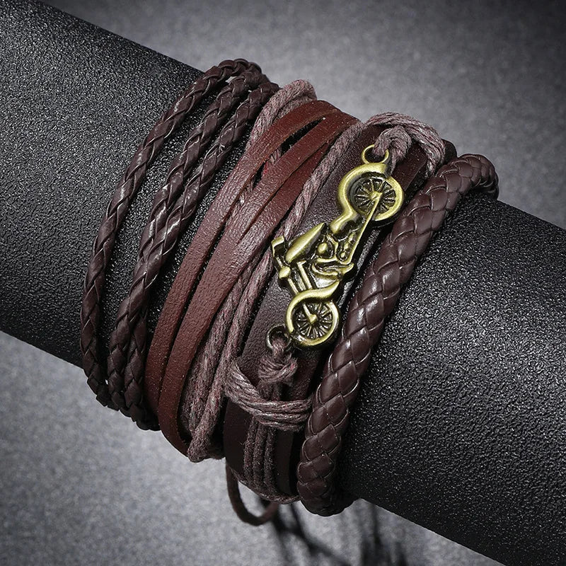 Fashion Bracelet For Men Hand Bangles Woven Alloy Motorcycle Hand Jewelry Adjustable Leather 4Pcs/Set Bracelet For Leather