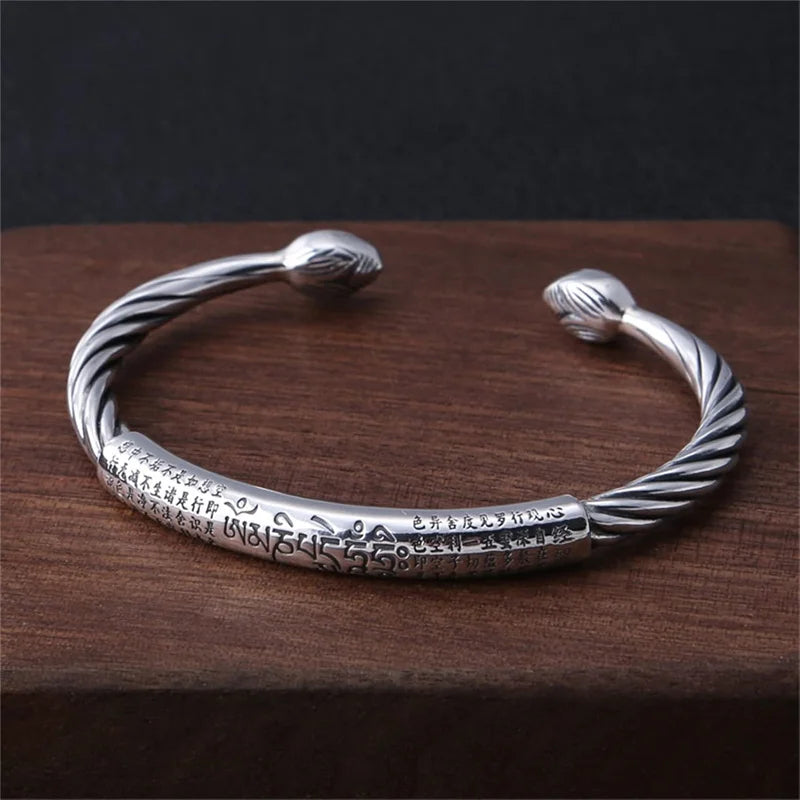Sterling Silver Personality Retro Six-Character Mantra Leather Bracelet Fashion Woven Men's Bracelet
