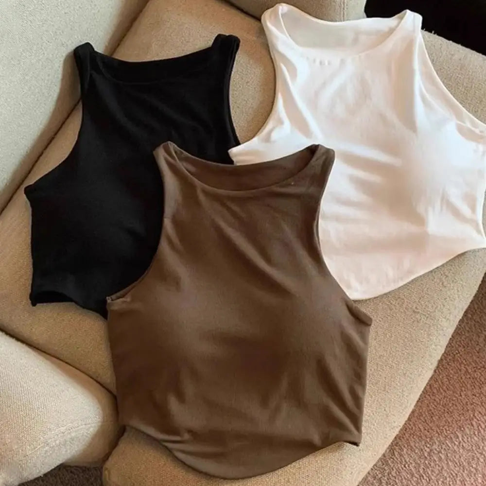Summer Women Tank Tops Camisole  With Padded Bra Solid Color Sexy Off Shoulder O Neck Elastic Sport Vest  Push Up Base Shirt