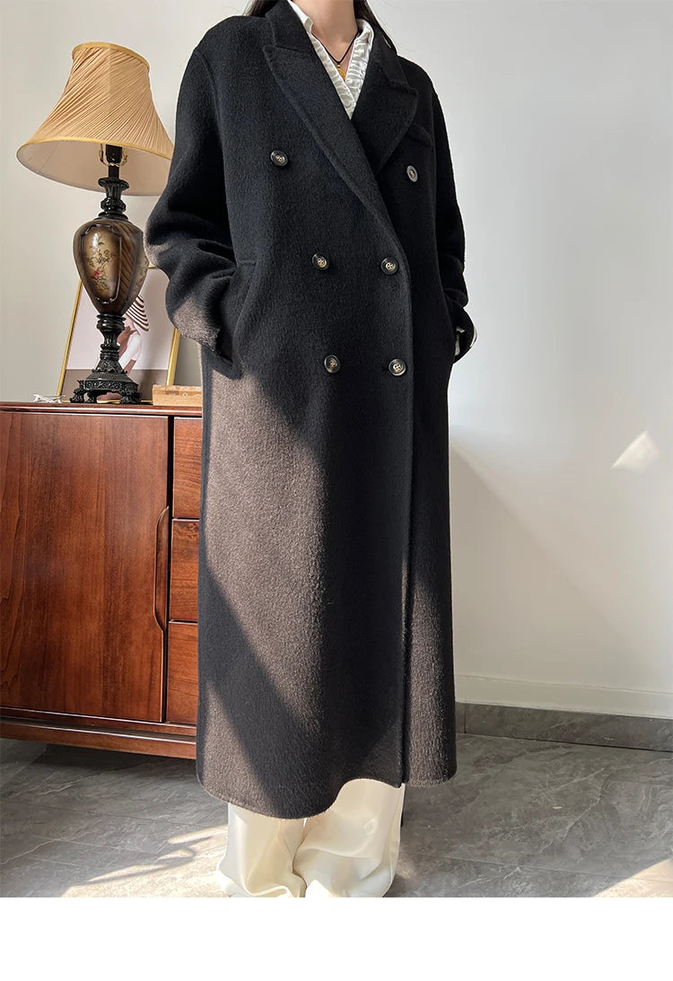 Office Lady Woolen Jackets 2024 Autumn And Winter Suit Collar Double Breasted Warmer Yak Hair Loose Long Women's Wool Coats