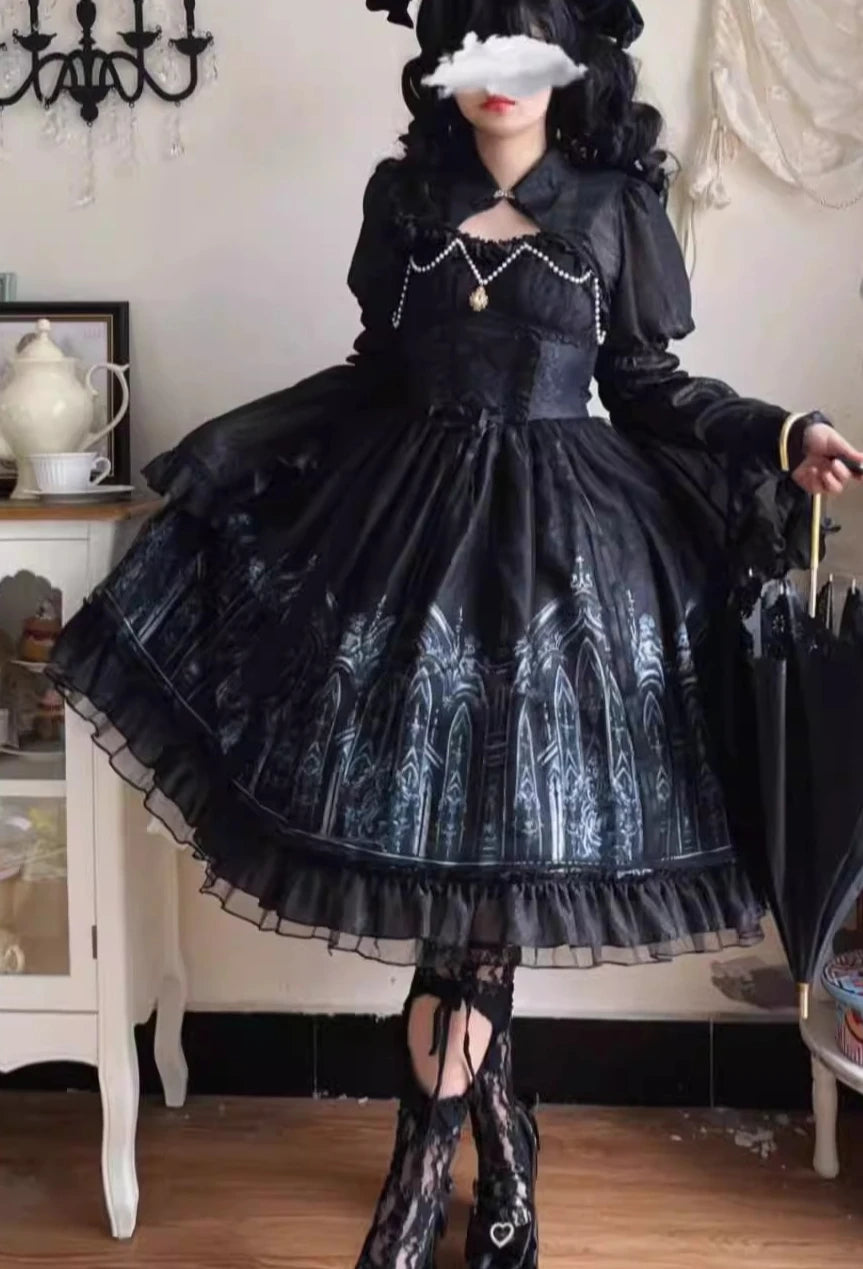 2025 Lolita Dark Gothic Style Sweet Ruffles Jsk Dress Summer Personality Girls Lace-up High Waist A-line Dress Long Sleeve Shirt