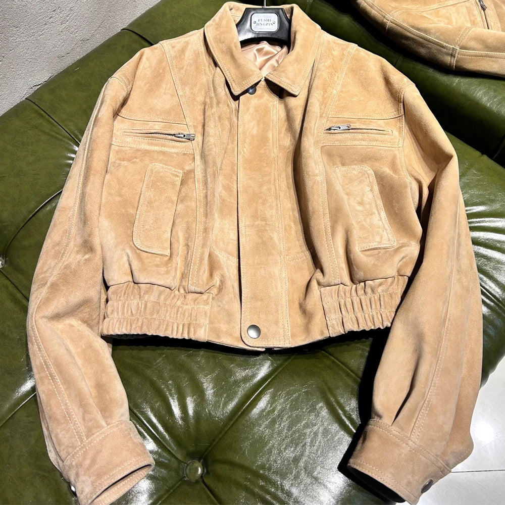 GBY Brown Suede Leather Jacket Cropped Genuine Soft Sheep Jacket 2025 Woman Jackets
