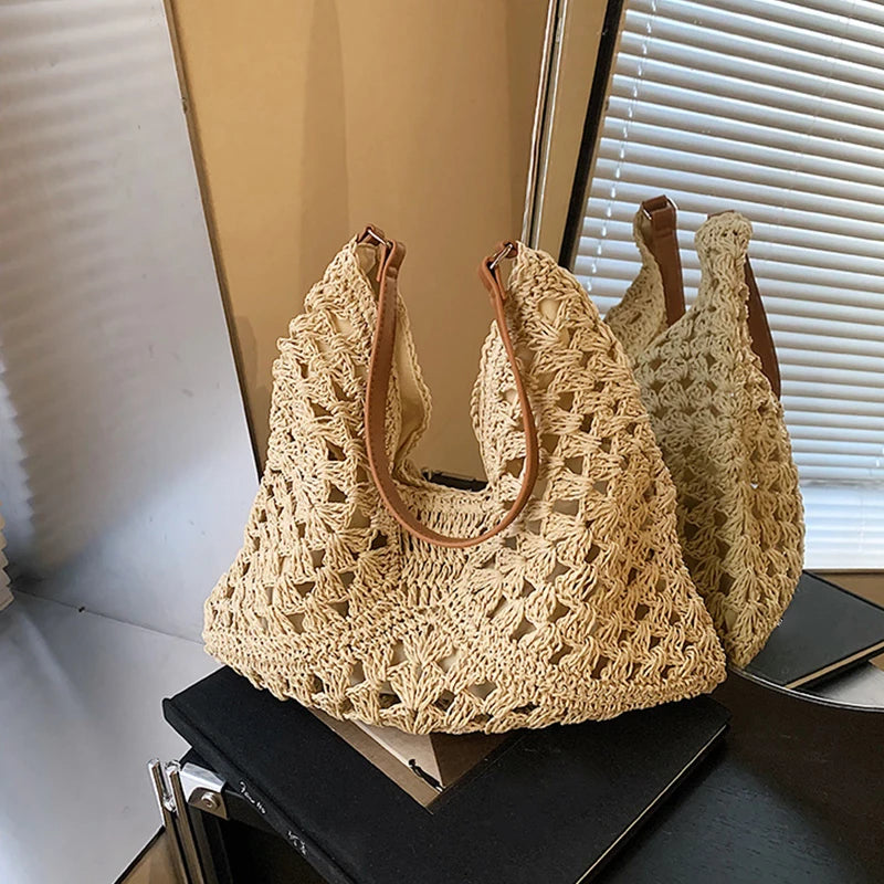 Women Weaving Clutches Top-handle Bag Large  Portable Shoulder Bag Summer Beach Purses Shopper Satchel Female Tote Bags