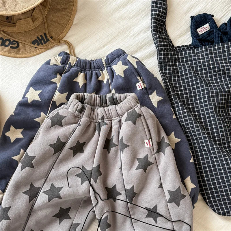 2025 Winter New Children Plus Velvet Thick Casual Pants Fashion Print Boys Fleece Sweat Pants Girls Warm Trousers Kids Clothes