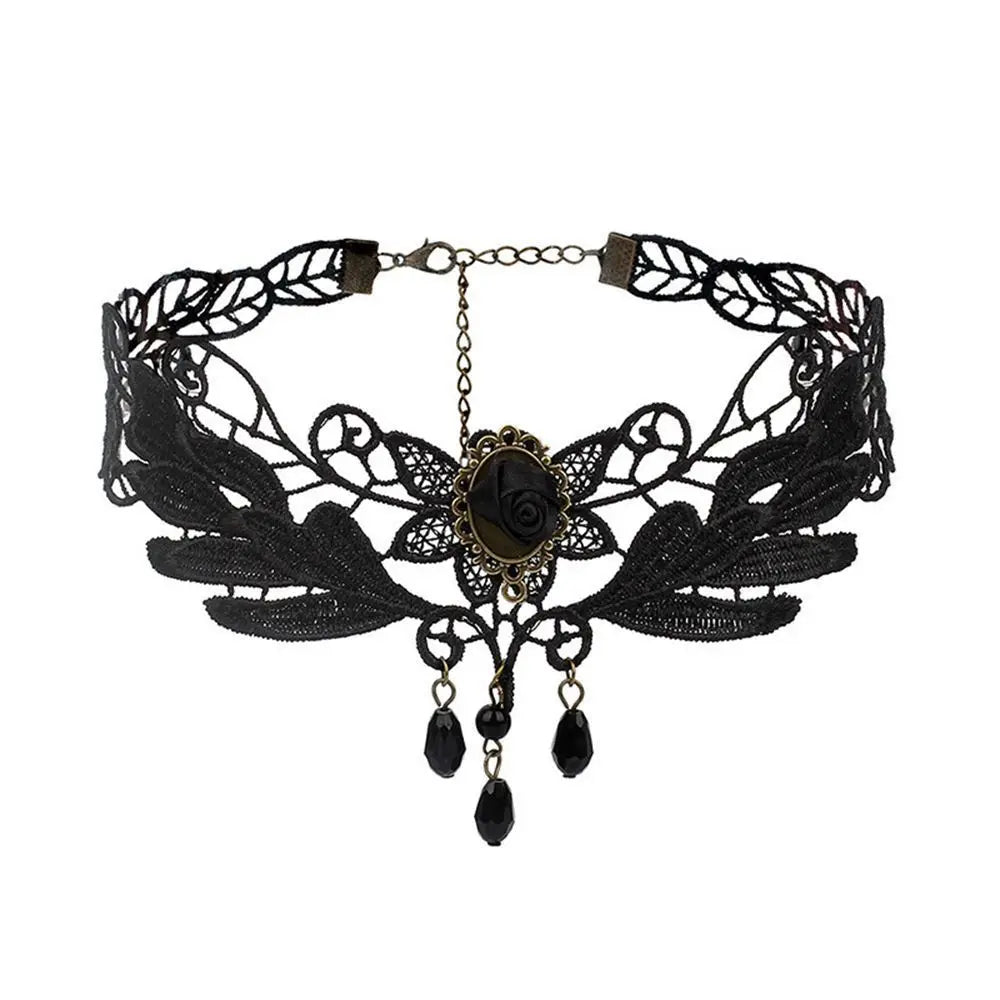 Sexy Neck Chain Steampunk Style Collar Chocker Gemstone Pendant Black Lace Gothic Necklace