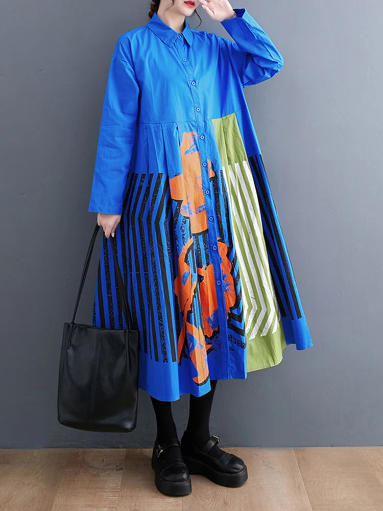 Long Sleeve Patchwork Vintage Print Dresses For Women Loose Casual Midi Dress Robe Fashion Elegant Clothing Spring Autumn 2025