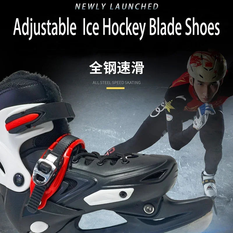 Winter Ice Hockey Balde Shoes Hard Shell Speed Skating Shoes Adjustable Waterproof Warm Thicken Skating Sneakers with Blade