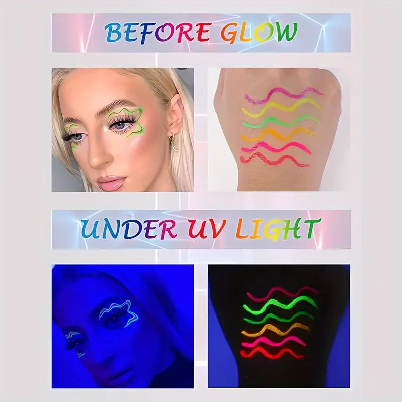 6pcs Glow UV Reactive Glow in the Dark Face and Body Paint Set, Neon Liquid Eyeliner, Mixing Color for Masquerade,Music Festival
