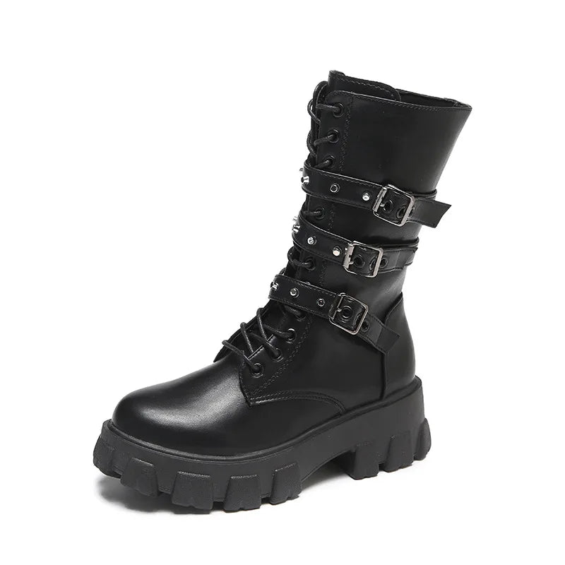 WOMEN ANKLE BOOTS Goth Boots Woman Winter 2024 Platform Shoes Sneakers Studded Belt Buckle Punk  Chunky Heels Mid Calf Boots