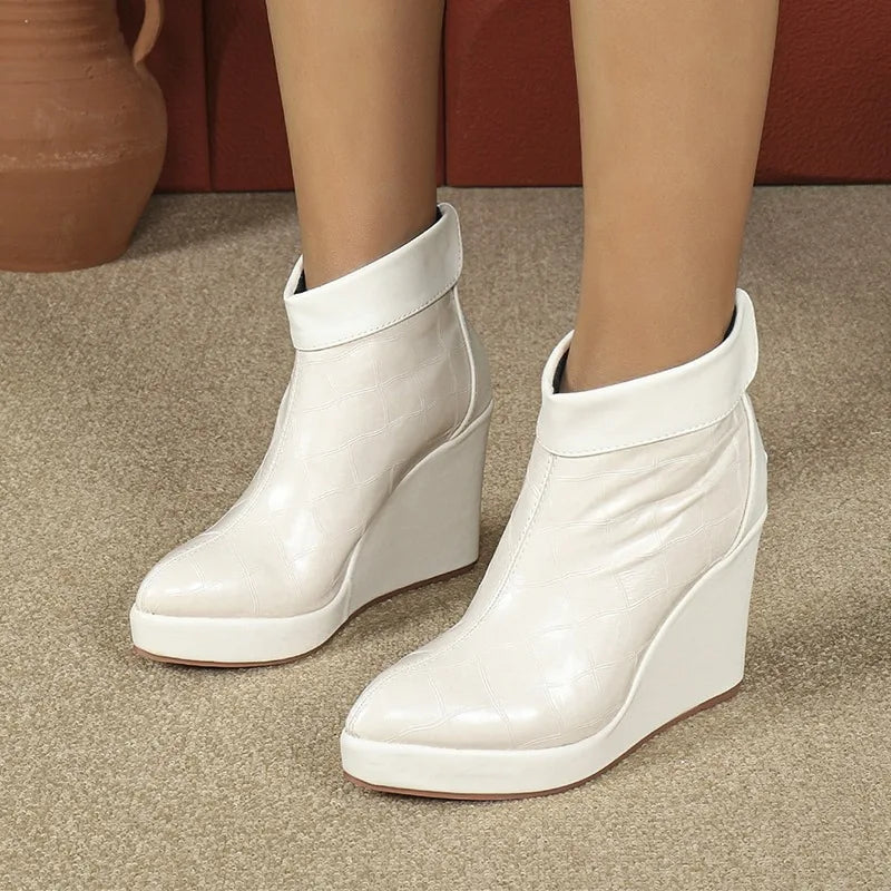 2025 Autumn Early Winter Shoes Women High Heels Boots Pointed toe Fashion Ladies Wedges Shoes 10cm Black White Plus Size 42 D657